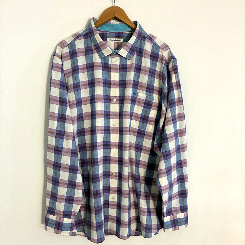 Tommy Bahama Linen Blend Shirt Mens XXXL Button Up Breathable Plaid Travel Party